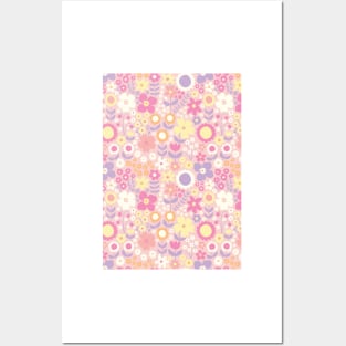 retro florals pattern, 70s groovy pink peach flowers, flower market, scandinavian florals, purple hues, purple, lilac, pink, hot pink Posters and Art